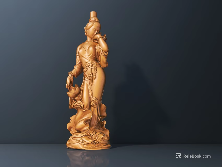 Handcrafted Traditional Wooden Female Sculpture With Intricate Carving And Decorative Base 3d model 