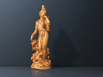 Handcrafted Traditional Wooden Female Sculpture With Intricate Carving And Decorative Base 3d model