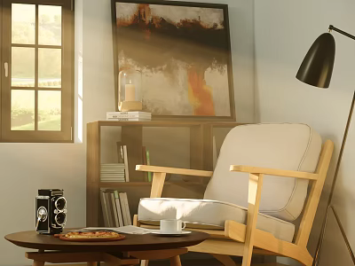Elegant Accent Chair Wooden Frame Light Cushion Side Table Bookshelf Floor Lamp Natural Light 3d model