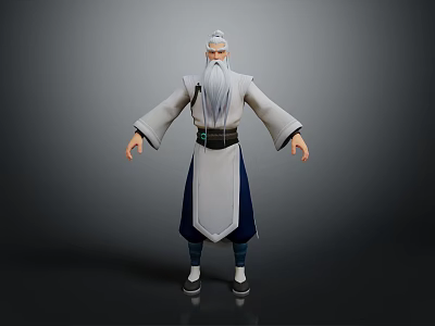 Elderly Male Character With White Hair Long Beard In Traditional Blue White Robe Standing Pose 3d model