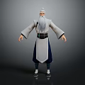 Elderly Male Character With White Hair Long Beard In Traditional Blue White Robe Standing Pose 3d model