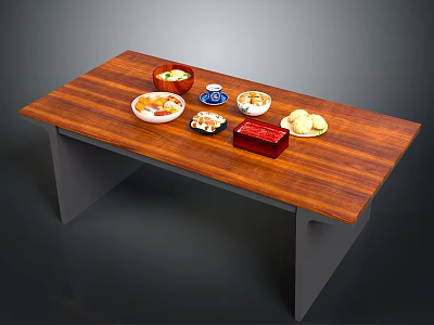 Wooden Dining Table with Gray Legs and Various Bowls Plates Holding Fruits Snacks 3d model