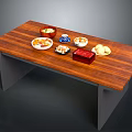 Wooden Dining Table with Gray Legs and Various Bowls Plates Holding Fruits Snacks