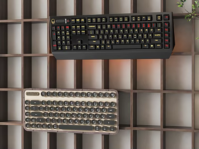 Modern Mechanical And Retro Design Computer Keyboards Displayed On Wooden Grid Shelf 3d model