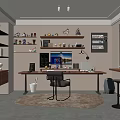Modern Home Office With Writing Desk Computer Monitors Floating Shelves And Area Rug
