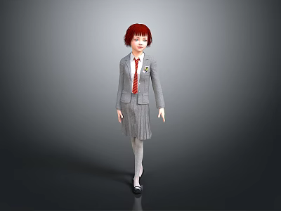 Red Haired Girl In Gray School Uniform With Red Tie White Stockings And Black Shoes 3d model
