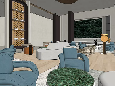 Modern Leisure Area Interior With Blue Chairs White Sofa Round Coffee Table And Large Window 3d model