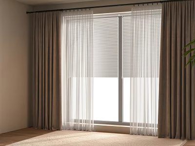 Modern Layered Curtains With White Sheer And Brown Thick Panels In Bright Room 3d model