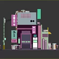 Vibrant 3D Modeled Cafe Shop With Pink Green Facade Street Lamp And Tables