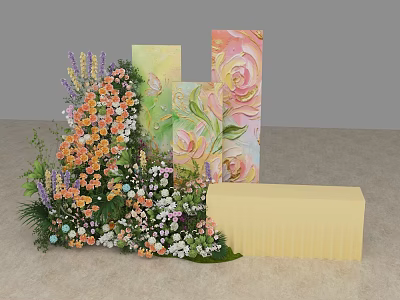 Floral Artistic Display With Colorful Painted Panels Floral Patterns And Yellow Platform 3d model