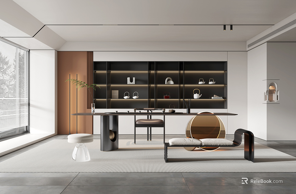 Modern Tea Room Interior Design With Wooden Shelves Tea Sets Tables And Chairs 3d model 