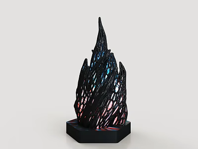Black Flame Shaped Decorative Ornament Set with Colorful Translucent Details and Hexagonal Base 3d model