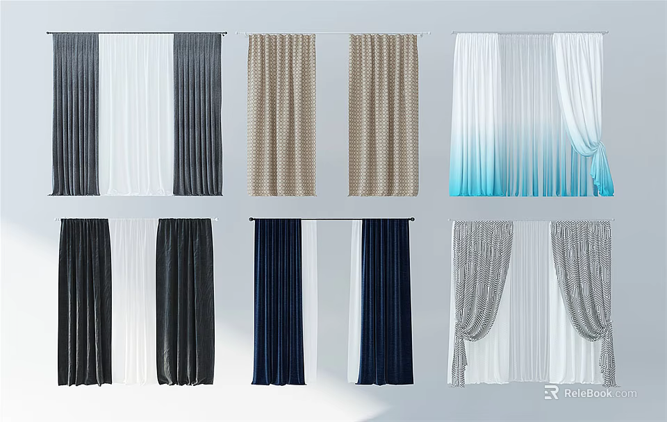 Stylish Curtains in Multiple Colors with Different Textures and Hanging Styles 3d model 