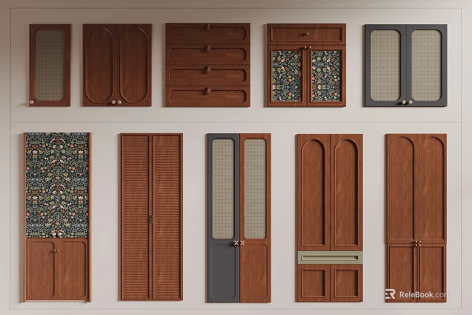 Various Wooden Wardrobe Doors With Glass Panels Patterned Details And Slatted Styles 3d model 