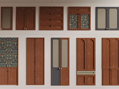 Various Wooden Wardrobe Doors With Glass Panels Patterned Details And Slatted Styles 3d model