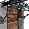Modern Wooden Entrance Door Featuring Glass Panels Stone Steps And Concrete Frame With Glass Canopy