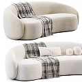 Light Colored Upholstered Two Seater Sofa With Rounded Design And Plaid Blanket 3d model