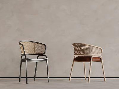 Minimalist Wicker Backrest Chairs With Metal And Wooden Legs In Neutral Room 3d model