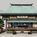 Cartoon Scene of Japanese Style Shop With Green Roof Wooden Structure Utility Poles and Trees