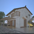 Traditional Style Homestay Building With White Walls Sloped Roof Wooden Terrace And Trees