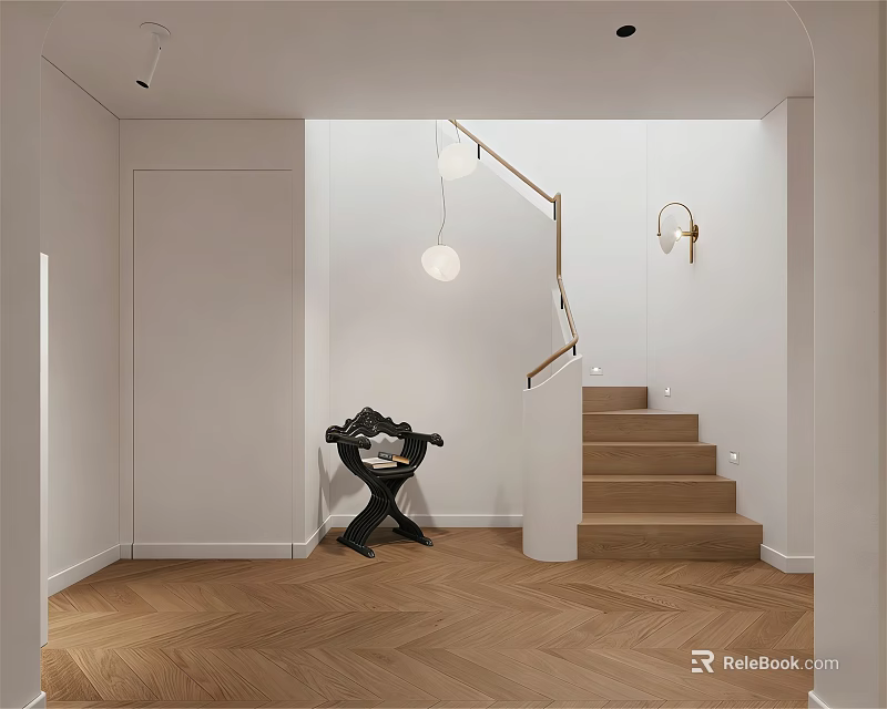 Modern Minimalist Interior With Wooden Stairs Metal Handrail Recessed Lighting And Herringbone Flooring 3d model 