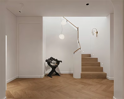 Modern Minimalist Interior With Wooden Stairs Metal Handrail Recessed Lighting And Herringbone Flooring 3d model