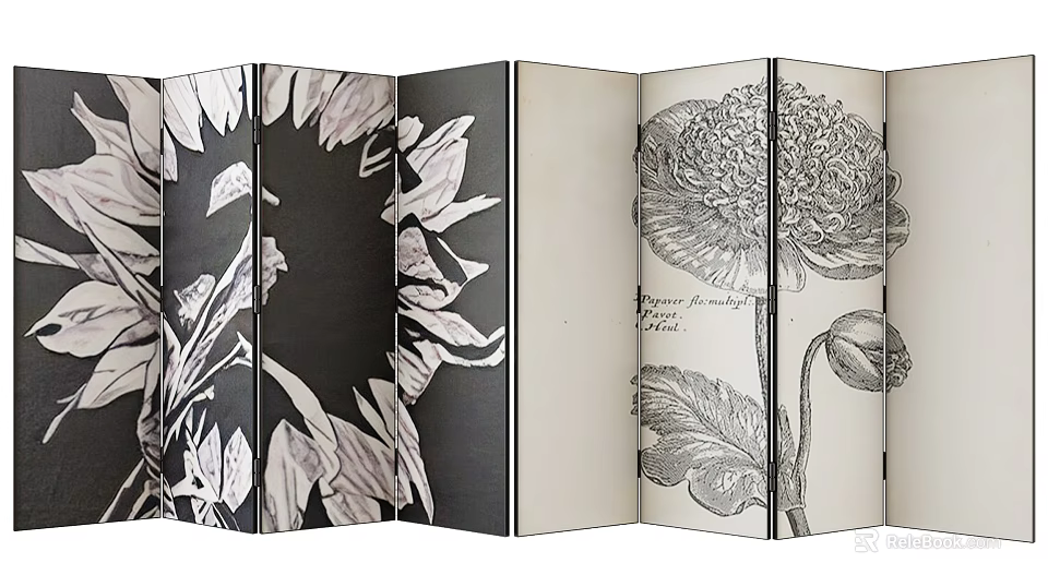 Elegant Folding Screen Adorned With Floral Patterns And Botanical Illustrations 3d model