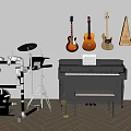 Collection of Musical Instruments Featuring Drum Set Piano Guitars Double Bass Trumpet And Music Sheet