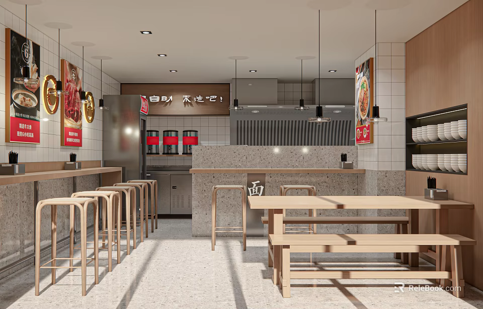 Modern Restaurant Interior With Open Kitchen Wooden Tables Bench Seats And Decorative Posters 3d model 