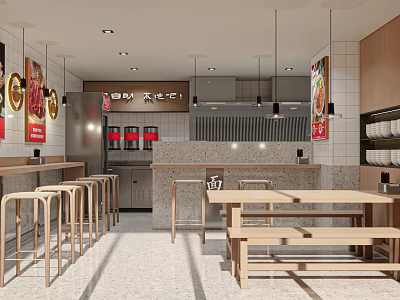 Modern Restaurant Interior With Open Kitchen Wooden Tables Bench Seats And Decorative Posters 3d model