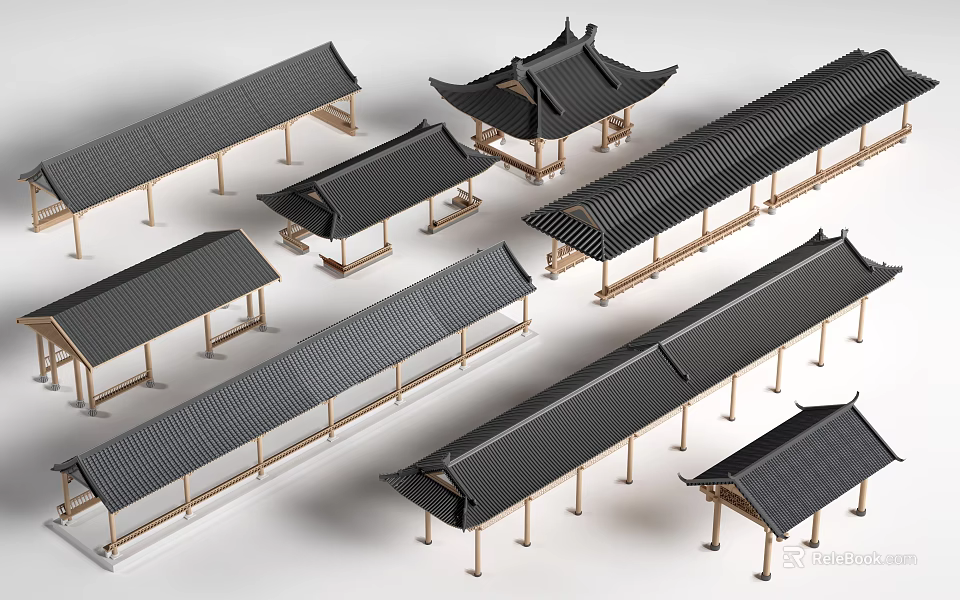 Traditional Chinese Wooden Corridors With Black Roof And Classical Design Models 3d model 