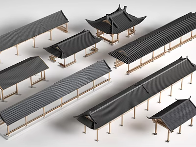 Traditional Chinese Wooden Corridors With Black Roof And Classical Design Models 3d model