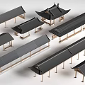 Traditional Chinese Wooden Corridors With Black Roof And Classical Design Models