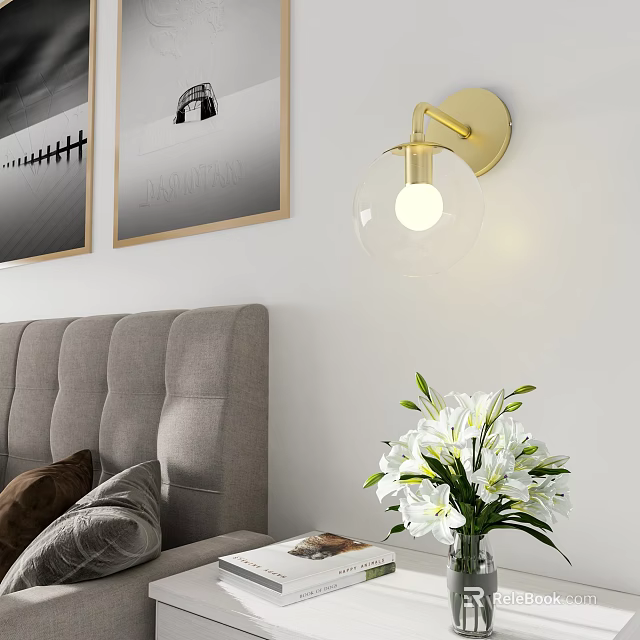 Illuminated Gold Wall Lamp With Transparent Spherical Shade In Bedroom Gray Headboard And White Lilies 3d model 