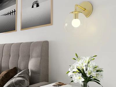 Illuminated Gold Wall Lamp With Transparent Spherical Shade In Bedroom Gray Headboard And White Lilies 3d model