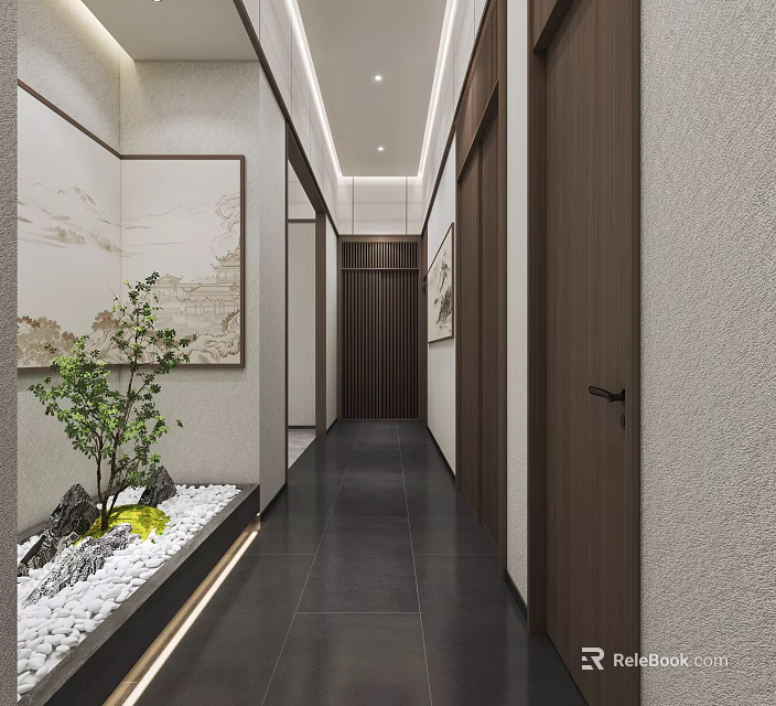 Modern Corridor Interior Design With Landscape Painting Small Rock Garden And Ceiling Light Strips 3d model 