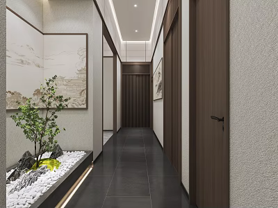 Modern Corridor Interior Design With Landscape Painting Small Rock Garden And Ceiling Light Strips 3d model