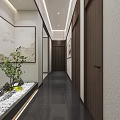 Modern Corridor Interior Design With Landscape Painting Small Rock Garden And Ceiling Light Strips