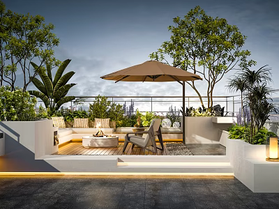 Tropical Courtyard Garden With Outdoor Seating Umbrella Shade Green Plants And Patio Lighting 3d model