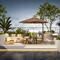 Tropical Courtyard Garden With Outdoor Seating Umbrella Shade Green Plants And Patio Lighting