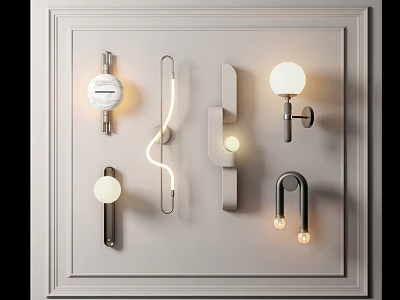 Modern Wall Lamps With Various Contemporary Designs Mounted On White Panel 3d model