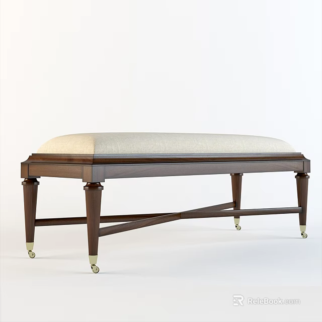 Classic Wooden Sofa Bench With Light Colored Padded Seat And Wheeled Legs 3d model 