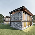 Modern Traditional Detached Villa Exterior With Stone Wall Wooden Roof Large Windows Grassland And Trees
