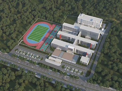 Modern School Building Complex With Green Sports Field Surrounding Trees And Parking Lot 3d model