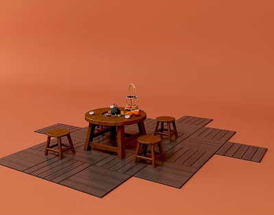 Round Wooden Dining Table Set With Three Stools And Decorative Items On Wooden Floor 3d model