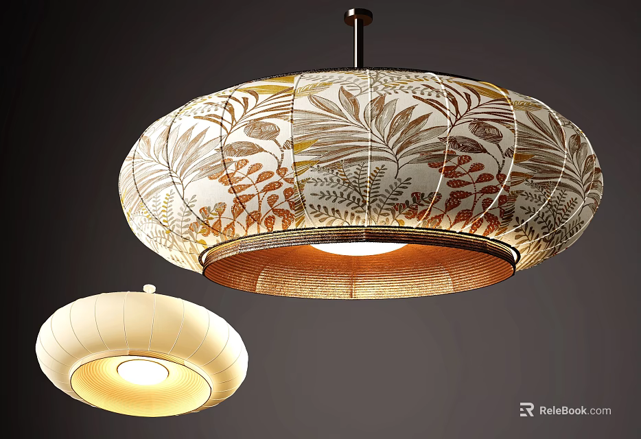 Two Decorative Pendant Lights With Intricate Floral Patterns Cream Brown Woven Shades Illuminated Warm Light 3d model 