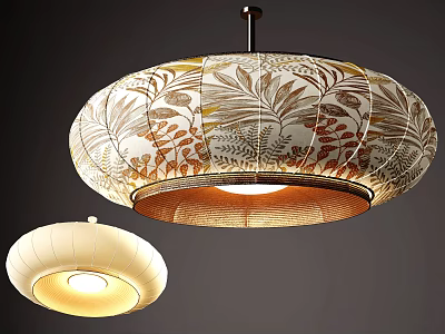 Two Decorative Pendant Lights With Intricate Floral Patterns Cream Brown Woven Shades Illuminated Warm Light 3d model