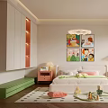 Kids Room Interior Design With Colorful Paintings Bedside Tables And Green Bench