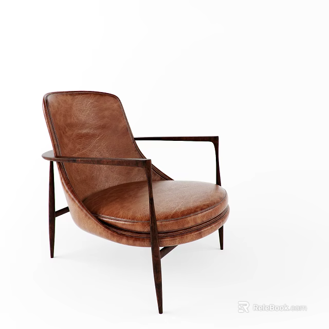 Brown Leather Modern Accent Chair With Black Metal Frame And Comfortable Armrests 3d model 