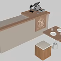 Modern Wooden Reception Desk With Gray Panel POS Machine Small Table and Stools 3d model